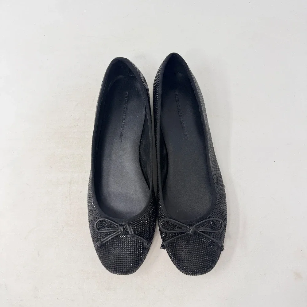 White House Black Market Ballet Flats Black 9 Rhinestone Sparkle Bow Evening